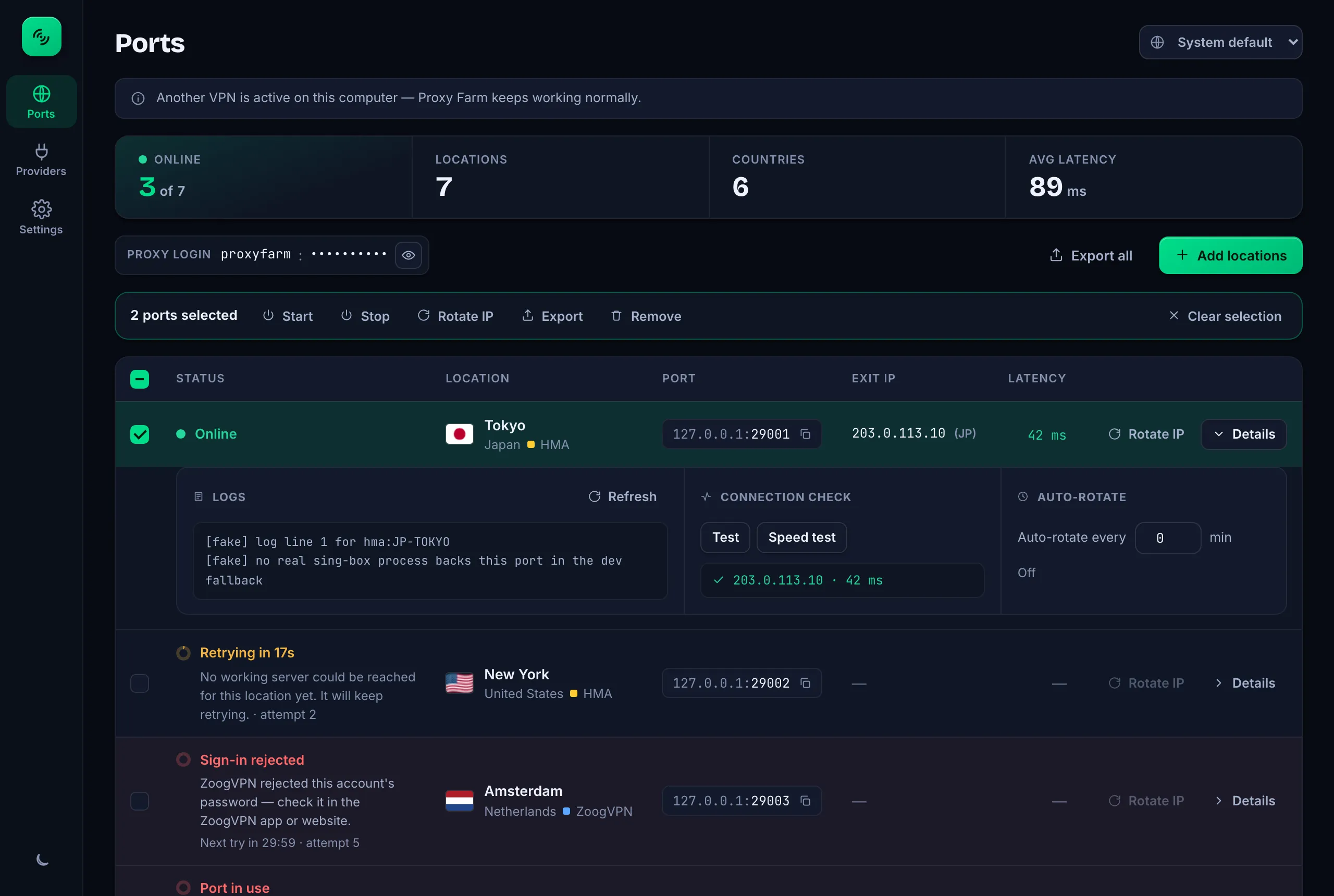 Proxy Farm Ports screen: status, location, local port, exit IP, latency and Rotate IP