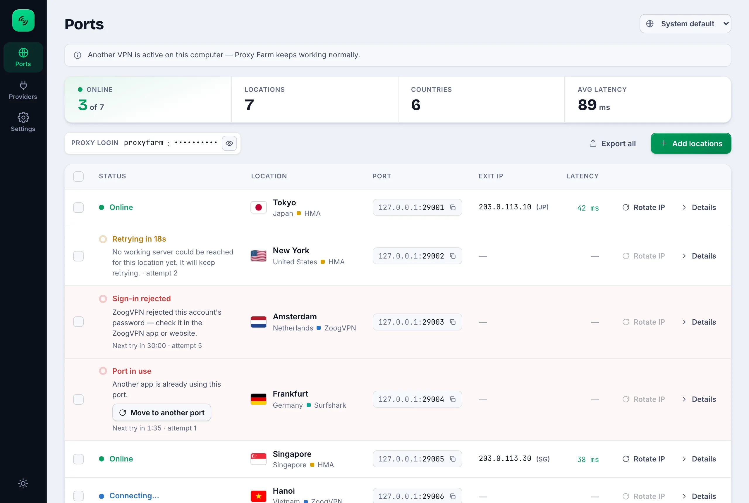 Proxy Farm Ports screen: status, location, local port, exit IP, latency and Rotate IP