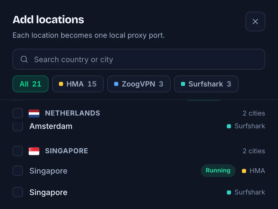 Proxy Farm location picker, filtered by provider