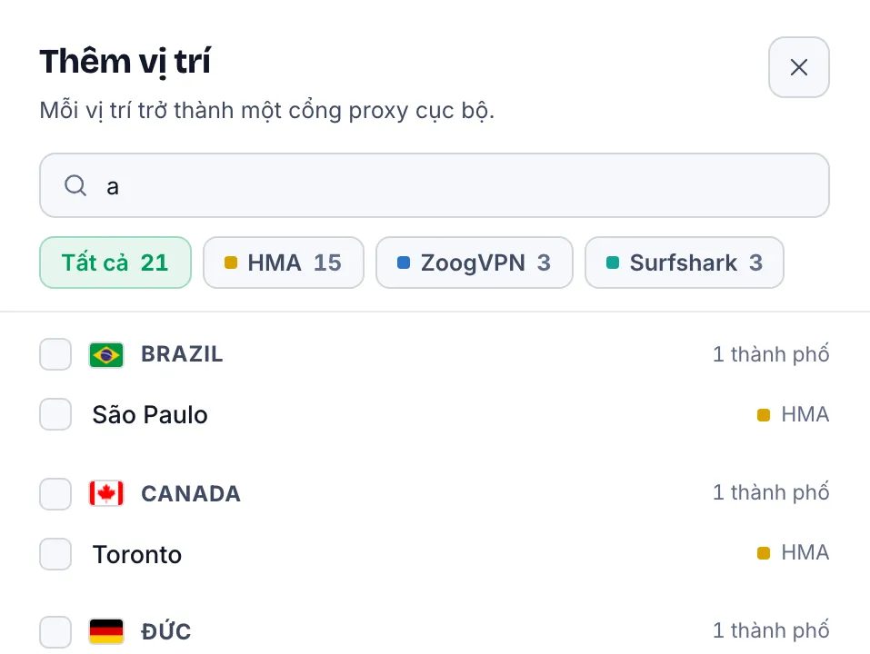 Bảng chọn vị trí của Proxy Farm, lọc theo nhà cung cấp